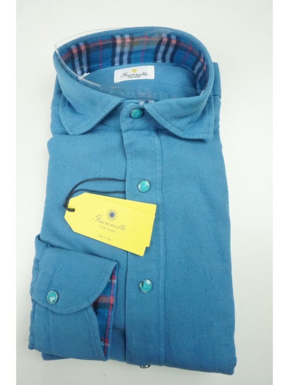 Giannetto Portofino Cotton Blue Snap Button Flannel Shirt 15/38 NEW
